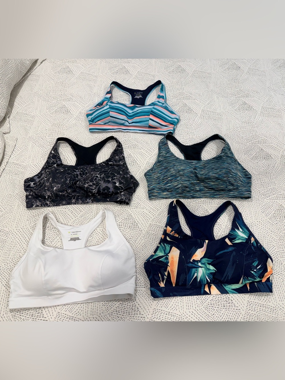 Sports Bra Bundle -White, Navy tropical, Teal stripes x2 patterns, Black flowers - Picture 3 of 4